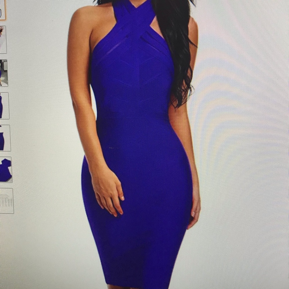 Blue halter body con dress